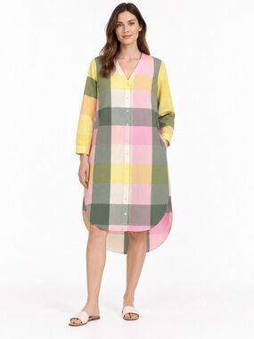 COS Pastel Check Cotton V-Neck High Low Shirt Dress EU 36 US 4 Pockets
